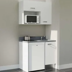 Kitchenette K00 - 100 cm - façades Blanc - Plan monobloc en quartz coloris Cromo évier à droite - Electroménager Blanc