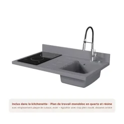 Kitchenette K00 - 100 cm - façades Blanc - Plan monobloc en quartz coloris Cromo évier à droite - Electroménager Blanc