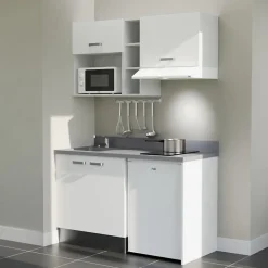 Kitchenette K13 - 140 cm - façades Blanc - Plan monobloc en quartz coloris Cromo évier à gauche - Electroménager Blanc