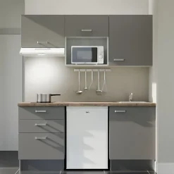Kitchenette K20 - 180 cm - Façades : Gris - Plan de travail : Bois - Crédences : Non - Evier