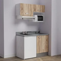 Kitchenette K02 - 120 cm - façades Bois - Plan monobloc en quartz coloris Cromo évier à droite