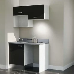Kitchenette K02 - 120 cm - façades Noir - Plan monobloc en quartz coloris Cromo évier à gauche