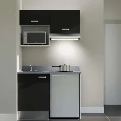 Kitchenette K02 - 120 cm - façades Noir - Plan monobloc en quartz coloris Cromo évier à gauche