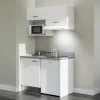 Kitchenette K02 - 120 cm - façades Blanc - Plan monobloc en quartz coloris Cromo évier à gauche - Electroménager Blanc