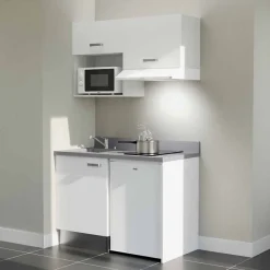 Kitchenette K02 - 120 cm - façades Blanc - Plan monobloc en quartz coloris Cromo évier à gauche - Electroménager Blanc