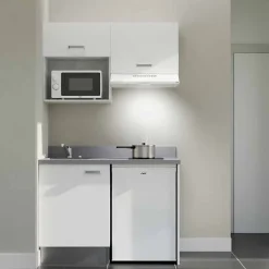 Kitchenette K02 - 120 cm - façades Blanc - Plan monobloc en quartz coloris Cromo évier à gauche - Electroménager Blanc