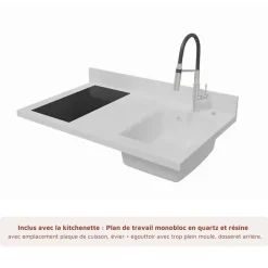 Kitchenette K00 - 100 cm - façades Blanc - Plan monobloc en quartz coloris Snova évier à droite