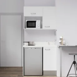 Kitchenette K00 - 100 cm - façades Blanc - Plan monobloc en quartz coloris Snova évier à droite
