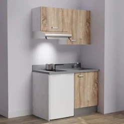 Kitchenette K01 - 120 cm - façades Bois - Plan monobloc en quartz coloris Cromo évier à droite