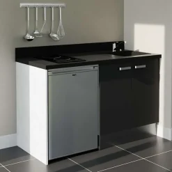 Kitchenette K17 - 140 cm - façades Noir - Plan monobloc en quartz coloris Nero évier à droite - Electroménager Inox