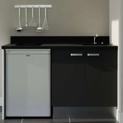 Kitchenette K17 - 140 cm - façades Noir - Plan monobloc en quartz coloris Nero évier à droite - Electroménager Inox