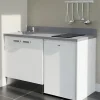 Kitchenette K17 - 140 cm - façades Blanc - Plan monobloc en quartz coloris Cromo évier à gauche - Electroménager Blanc