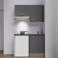 Kitchenette K01 - 120 cm - Façades : Gris - Plan de travail : Noir texturé - Crédences : Non - Evier Gris
