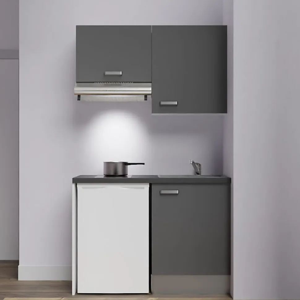 Kitchenette K01 - 120 cm - Façades : Gris - Plan de travail : Noir texturé - Crédences : Non - Evier Gris