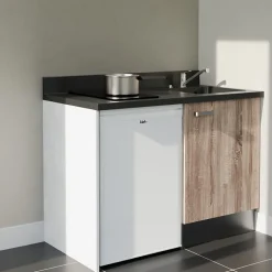 Kitchenette K08 - 120 cm - façades Bois - Plan monobloc en quartz coloris Nero évier à droite - Electroménager Blanc