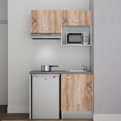 Kitchenette K02 - 120 cm - Façades : Bois - Plan de travail : Gris béton - Crédences : Non - Evier Inox
