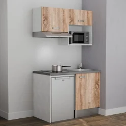 Kitchenette K02 - 120 cm - Façades : Bois - Plan de travail : Gris béton - Crédences : Non - Evier Inox