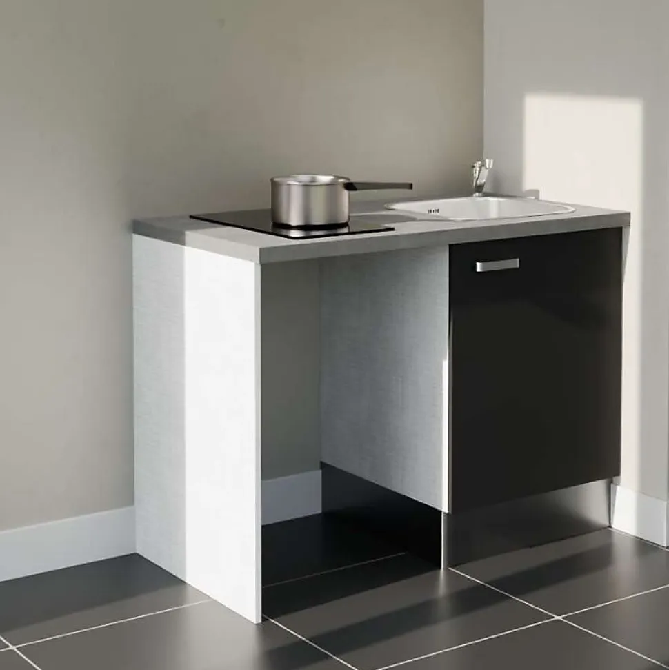 Kitchenette K08 - 120 cm - Façades : Noir - Plan de travail : Gris béton - Crédences : Non - Evier Inox