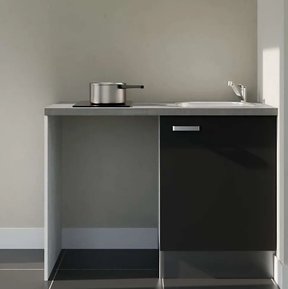 Kitchenette K08 - 120 cm - Façades : Noir - Plan de travail : Gris béton - Crédences : Non - Evier Inox