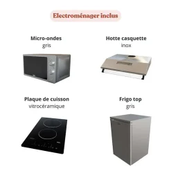 Kitchenette K20 - 180 cm - façades Bois - Plan monobloc en quartz coloris Cromo évier à gauche - Electroménager Inox