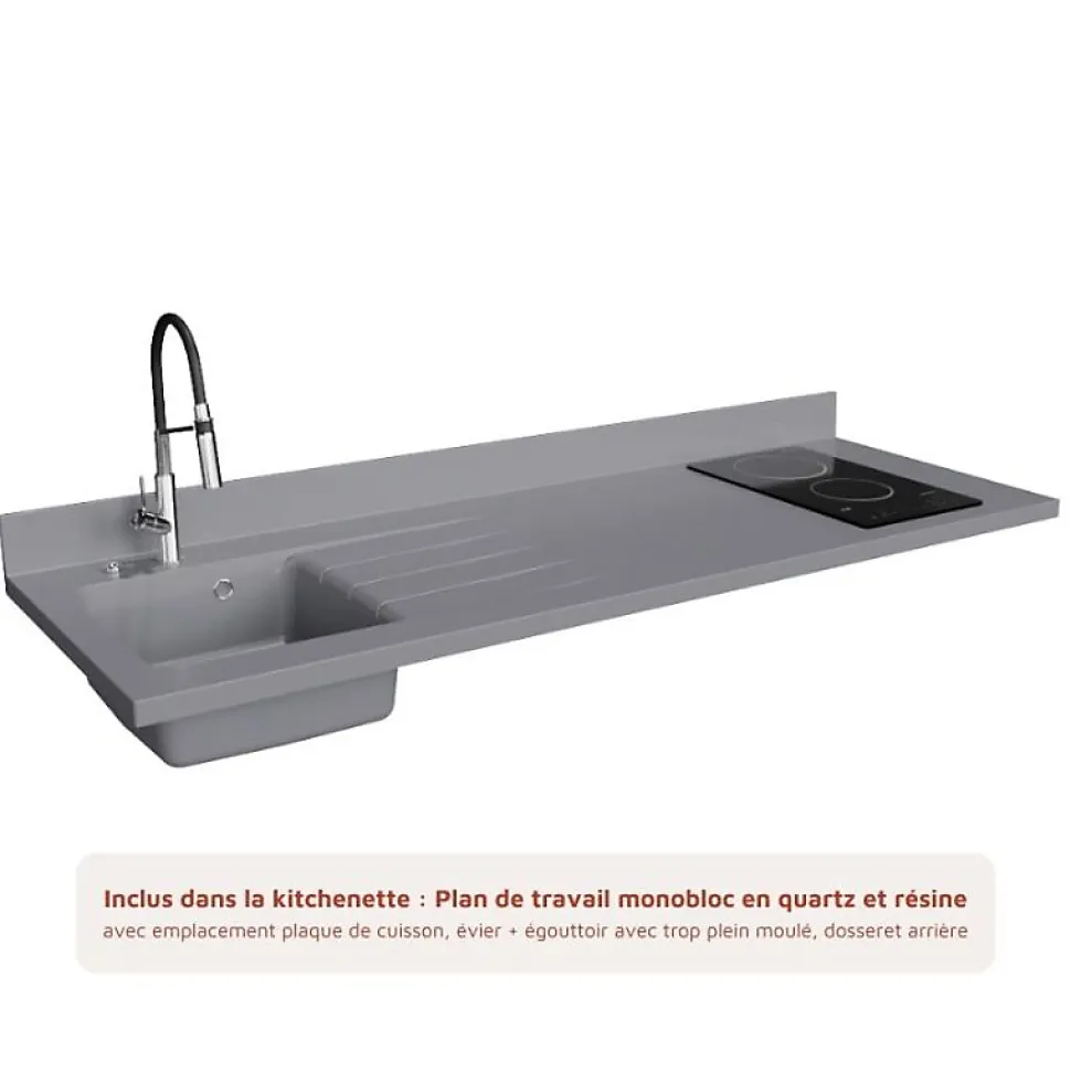 Kitchenette K20 - 180 cm - façades Bois - Plan monobloc en quartz coloris Cromo évier à gauche - Electroménager Inox