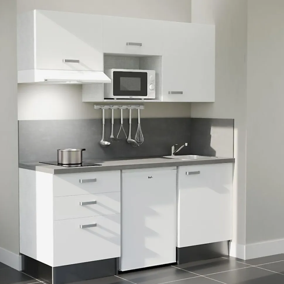 Kitchenette K20 - 180 cm - Façades : Blanc - Plan de travail : Gris - Crédences : Oui - Evier