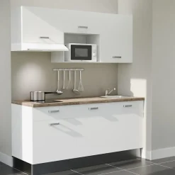 Kitchenette K30 - 180 cm - Façades : Blanc - Plan de travail : Bois - Crédences : Non - Evier