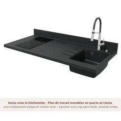 Kitchenette K13 - 140 cm - façades Noir - Plan monobloc en quartz coloris Nero évier à droite