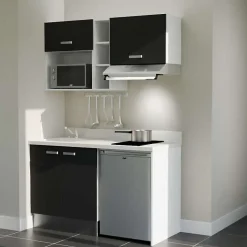 Kitchenette K13 - 140 cm - façades Noir - Plan monobloc en quartz coloris Snova évier à gauche