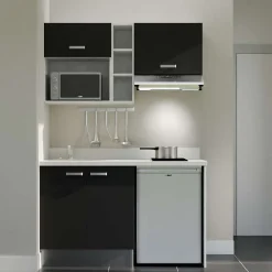 Kitchenette K13 - 140 cm - façades Noir - Plan monobloc en quartz coloris Snova évier à gauche