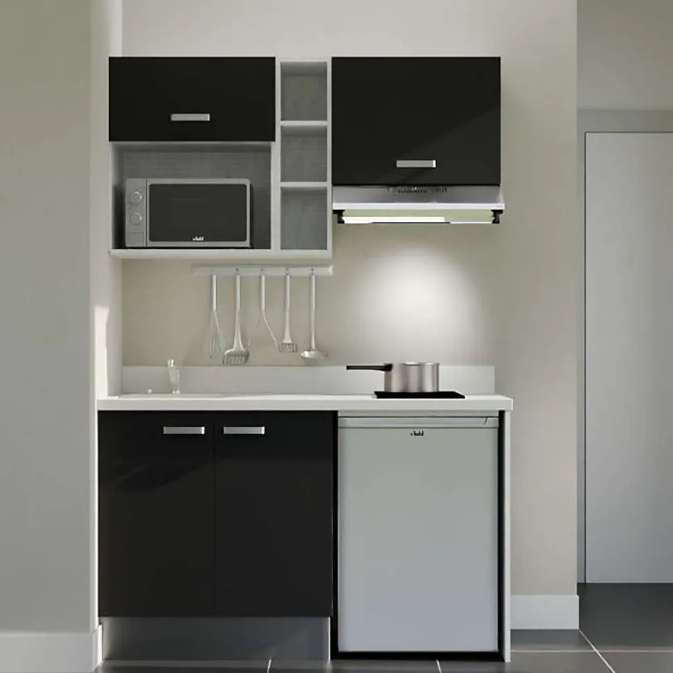 Kitchenette K13 - 140 cm - façades Noir - Plan monobloc en quartz coloris Snova évier à gauche