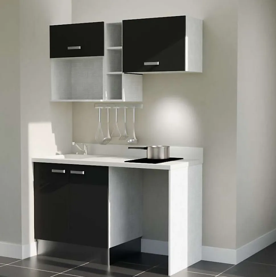 Kitchenette K13 - 140 cm - façades Noir - Plan monobloc en quartz coloris Snova évier à gauche