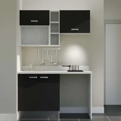 Kitchenette K13 - 140 cm - façades Noir - Plan monobloc en quartz coloris Snova évier à gauche