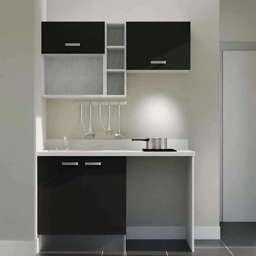 Kitchenette K13 - 140 cm - façades Noir - Plan monobloc en quartz coloris Snova évier à gauche