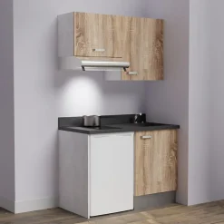 Kitchenette K01 - 120 cm - façades Bois - Plan monobloc en quartz coloris Nero évier à droite