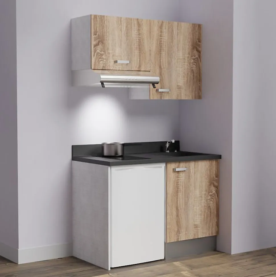 Kitchenette K01 - 120 cm - façades Bois - Plan monobloc en quartz coloris Nero évier à droite
