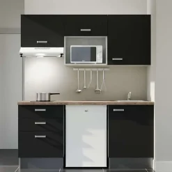 Kitchenette K20 - 180 cm - Façades : Noir - Plan de travail : Bois - Crédences : Non - Evier