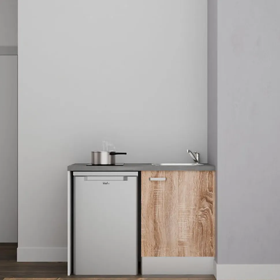 Kitchenette K08 - 120 cm - Façades : Bois - Plan de travail : Gris béton - Crédences : Non - Evier Inox