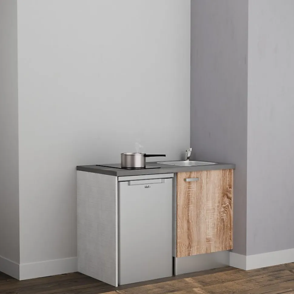 Kitchenette K08 - 120 cm - Façades : Bois - Plan de travail : Gris béton - Crédences : Non - Evier Inox