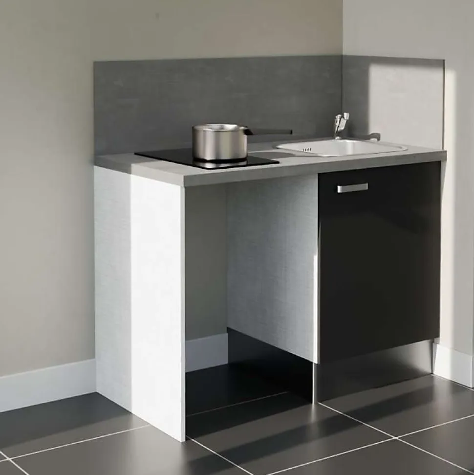 Kitchenette K08 - 120 cm - Façades : Noir - Plan de travail : Gris béton - Crédences : Oui - Evier Inox