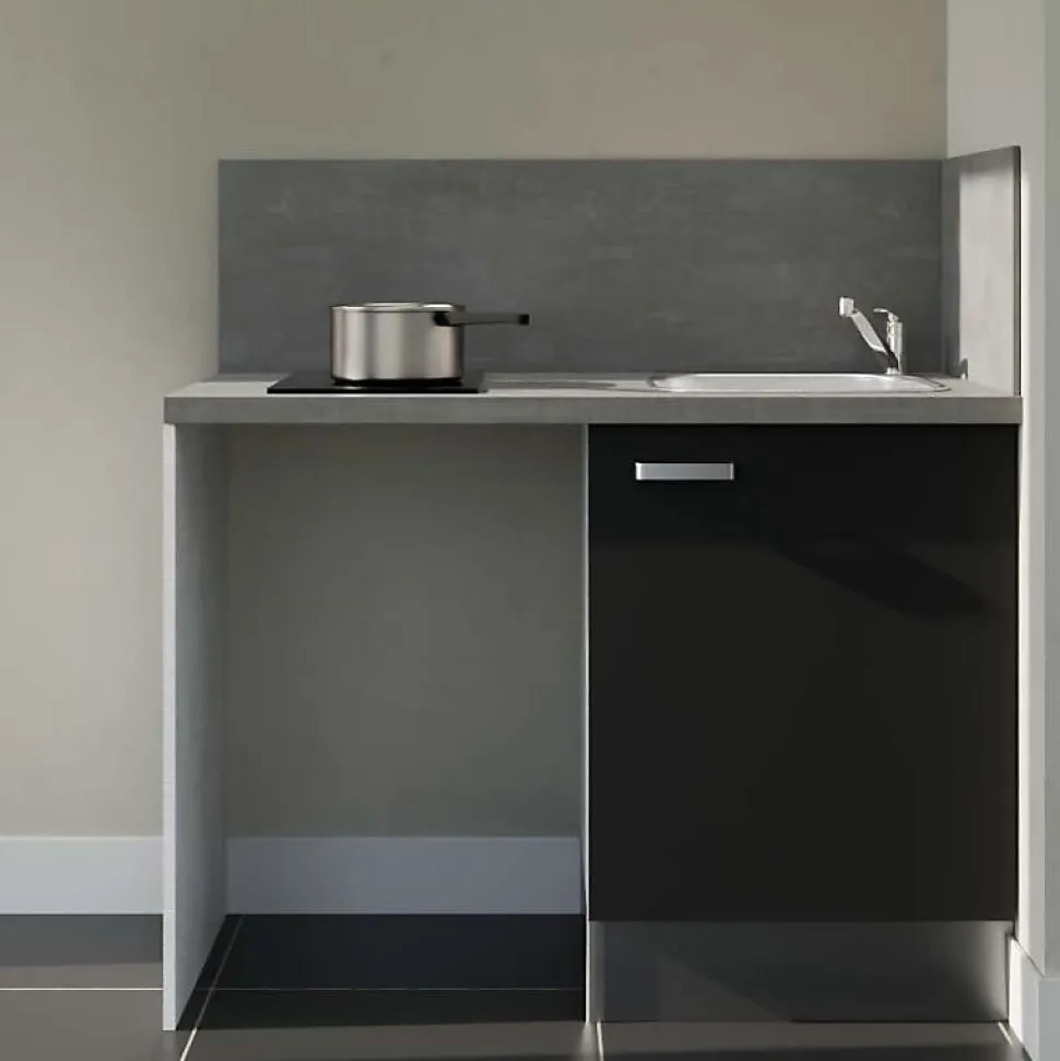 Kitchenette K08 - 120 cm - Façades : Noir - Plan de travail : Gris béton - Crédences : Oui - Evier Inox