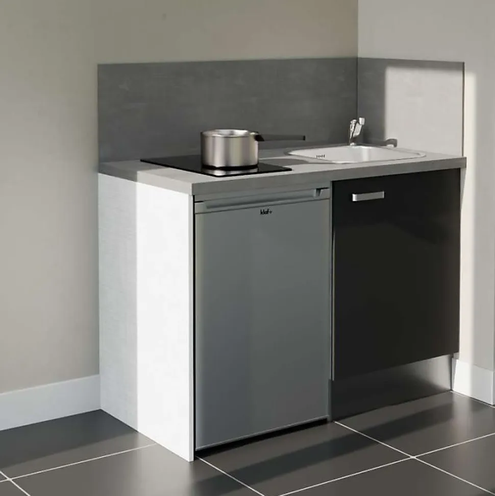 Kitchenette K08 - 120 cm - Façades : Noir - Plan de travail : Gris béton - Crédences : Oui - Evier Inox