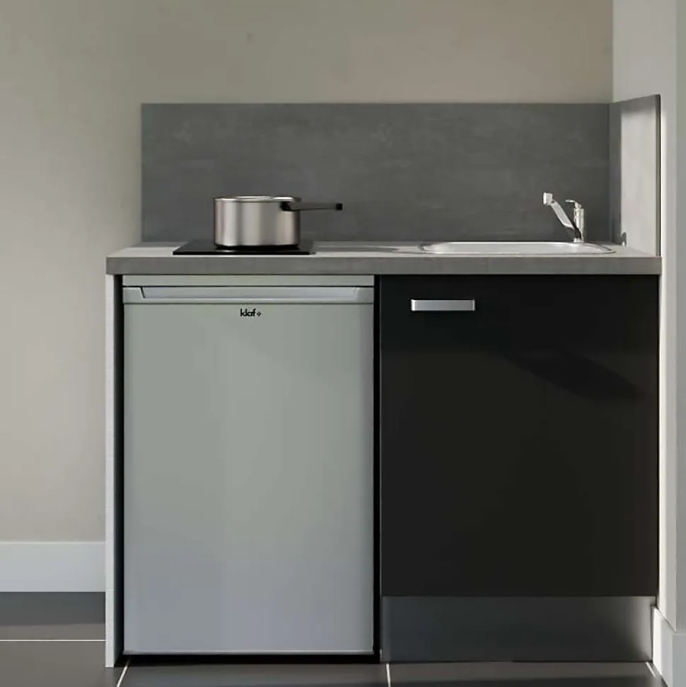 Kitchenette K08 - 120 cm - Façades : Noir - Plan de travail : Gris béton - Crédences : Oui - Evier Inox