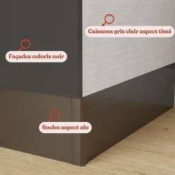 Kitchenette K08 - 120 cm - Façades : Noir - Plan de travail : Gris béton - Crédences : Oui - Evier Inox