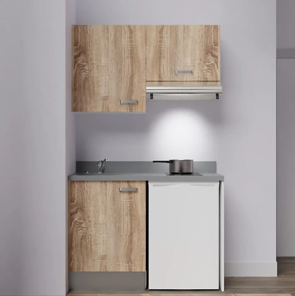Kitchenette K01 - 120 cm - façades Bois - Plan monobloc en quartz coloris Cromo évier à gauche