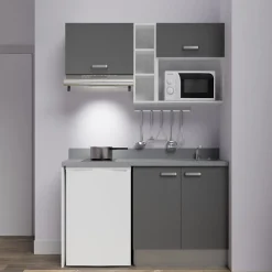 Kitchenette K13 - 140 cm - façades Gris - Plan monobloc en quartz coloris Cromo évier à droite