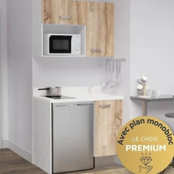 Kitchenette K00 - 100 cm - façades Bois - Plan monobloc en quartz coloris Snova évier à droite