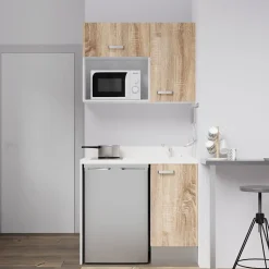 Kitchenette K00 - 100 cm - façades Bois - Plan monobloc en quartz coloris Snova évier à droite