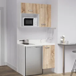 Kitchenette K00 - 100 cm - façades Bois - Plan monobloc en quartz coloris Snova évier à droite