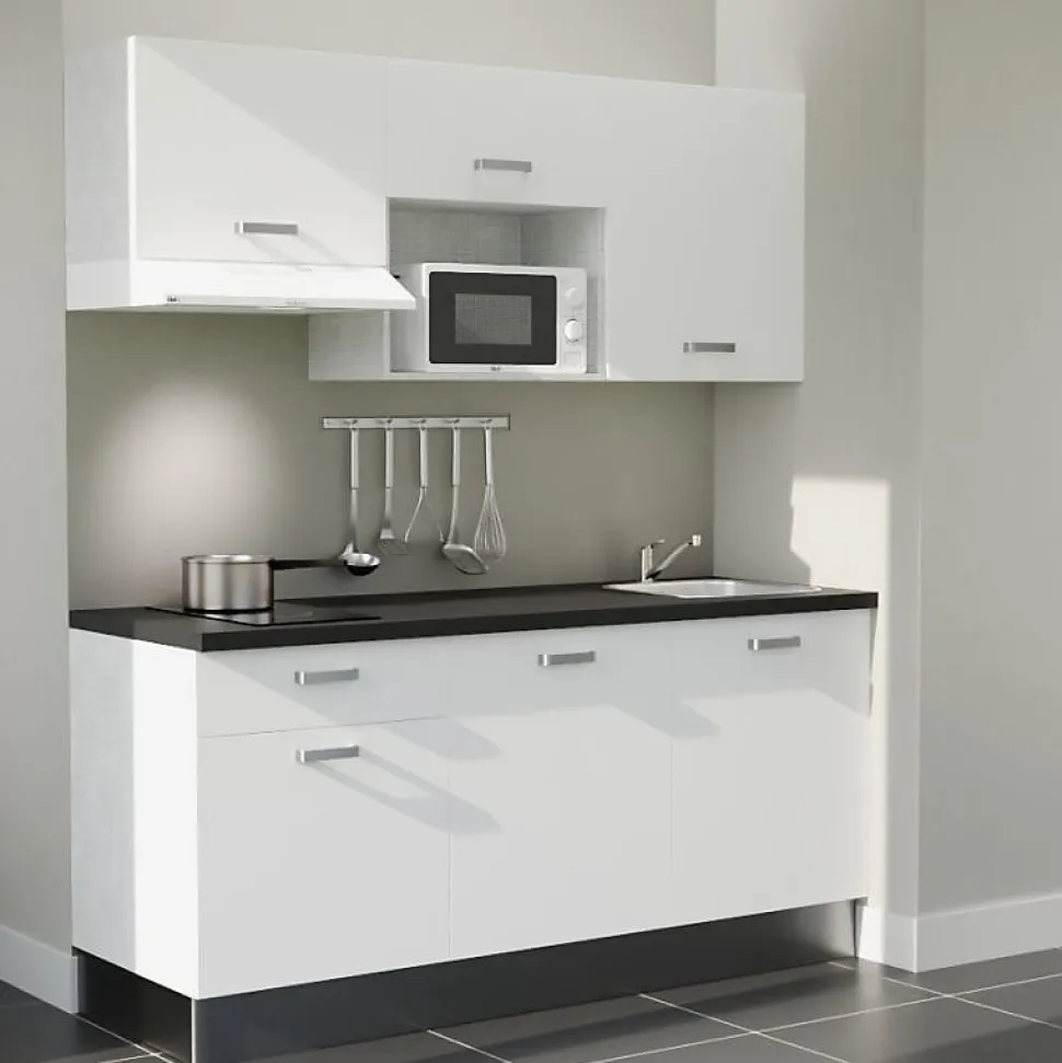 Kitchenette K30 façades Blanc - Plan de travail Noir texturé - Crédences : Non - Evier inox - Electroménager Blanc inclus